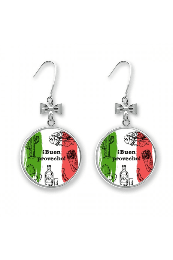 mexico sketch cuisine flag round cactus bow earrings drop stud pierced hook