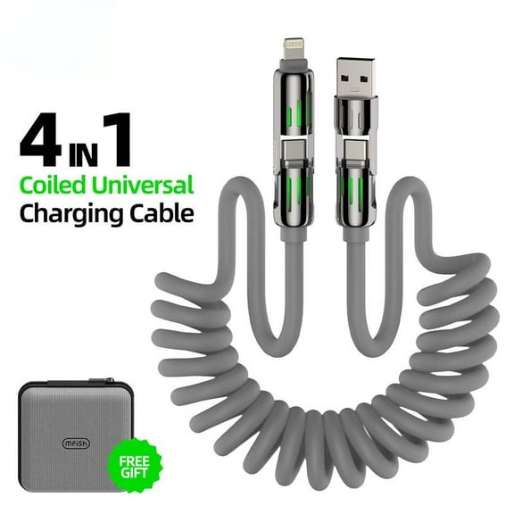 4-in-1 Coiled Universal USB Charger Cable ️-240W Fast Charging & Data Sync for iPhone 16/15, iPad Pro, Samsung Electronic