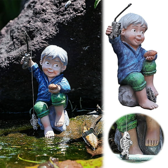 mfkdald Fishing Boy Decoration Potted Plug In Resin Figure Sculpture Crafts