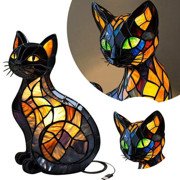 mfkdald Glowing Night Light Light Bedside Table Lamp With Usb A+C Dyed Resin French Tabletop Night Light Cute Pet Cat Theme Led Table Lamp With Warm Light