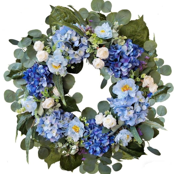 mfyjkho Blue and White Hydrangea Peony Floral Wreath, Spring Easter Valentine'S Day Door Hanging Decoration, Handcrafted Grapevine Base for Front Door Wall Decor