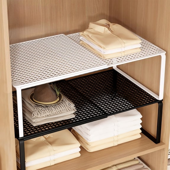 mfyjkho Expandable Cabinet Organizer Shelf, Adjustable Stackable Metal Storage Rack for Kitchen Pantry Bathroom Office, Black Or White, 1 Pack