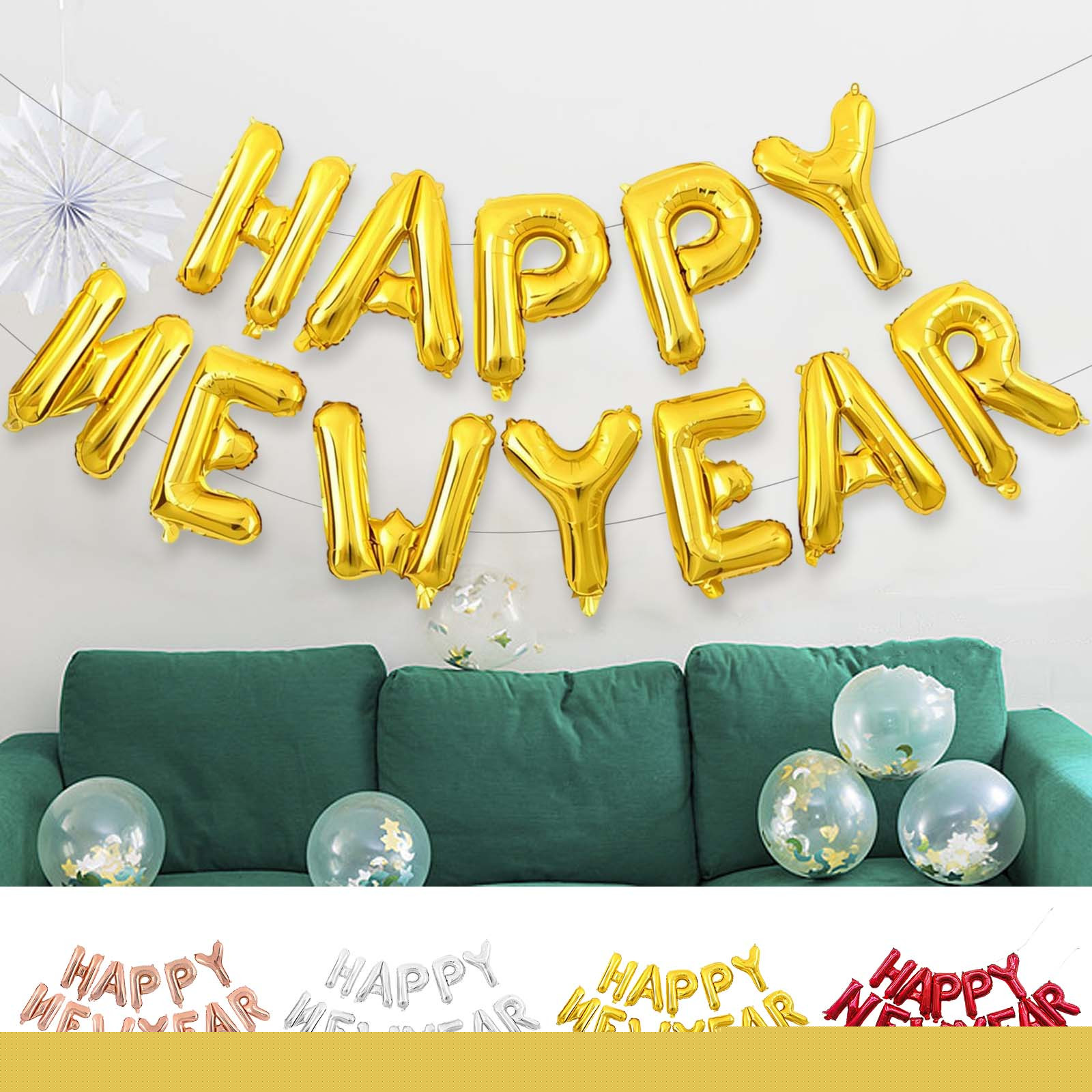 mfyjkho Happy Year Foil Letter Balloons Set - 16 Inch Party Decoration Kit with Hanging Ribbon for 2026 Years Eve Celebration, 12 Pieces