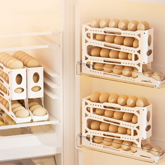mfyjkho Large 30 Egg Storage Container for Refrigerator|Automatic Rolling Egg Dispenser with 4-Tier Design|Space Saving Plastic Egg Organizer Box for Kitchen Fridge Door|White (14.1X8.6X2.7 In)