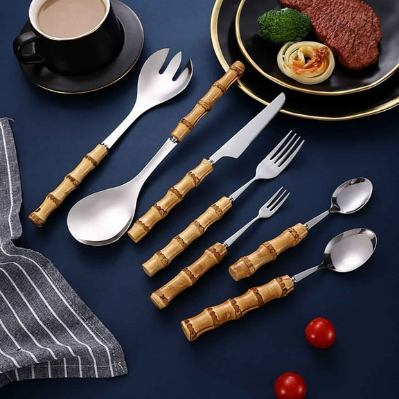mfyjkho Natural Bamboo Handle Stainless Steel Tableware Set with Dessert Spoon, Salad Fork, Steak Knife, and Tea Spoon for Dining, Parties, and Travel - 4 Pieces