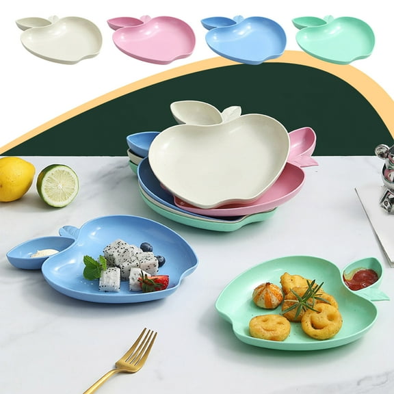 mfyjkho Wheat Straw Snack Plates with Vinegar Dish, Apple-Shaped Fruit and Dumpling Serving Tray, 8.46X6.89 Inches, Multipurpose Tableware for Living Room