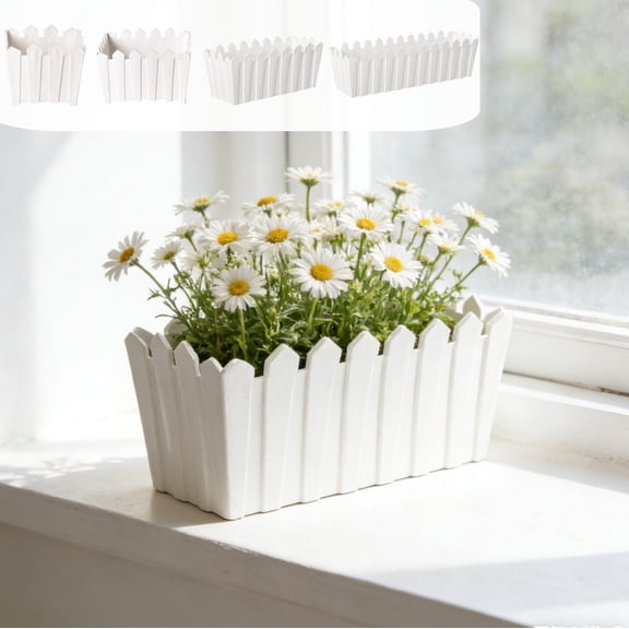 mfyjkho White Plastic Planter Pots and Flower Boxes with Decorative Fence, Indoor Outdoor Garden Planters for Home Decor, Balcony, Patio - 4 Sizes