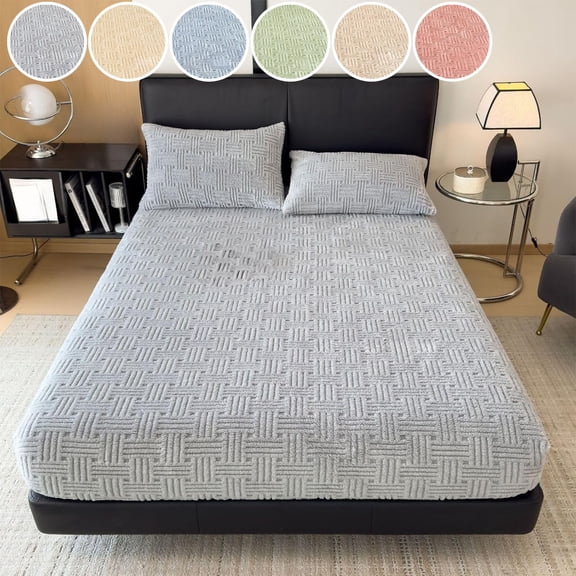mfyjkho Winter Plush Fitted Sheet for Bed, 120X200Cm Gray Yellow Blue Green Khaki Pink Fleece-Lined Non-Slip Mattress Protector, Single Piece, Bedroom Bedding