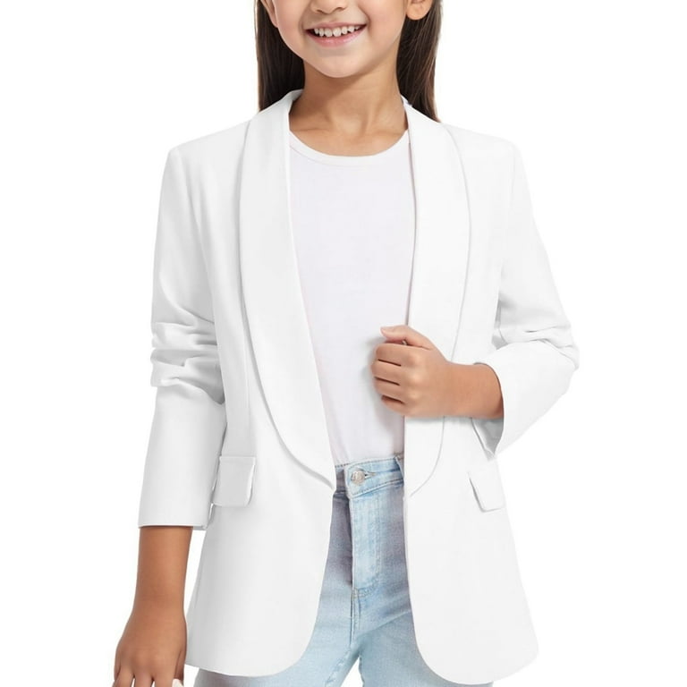 mgdxox Girls Blazer Open Front Solid Color Long Sleeve Blazer Jacket for Kids School Uniform Party Wear White 150 Walmart