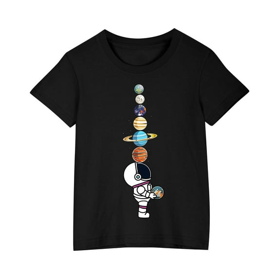 mgdxox Kids Short Sleeve T-Shirt Cotton Loose Fit Crewneck Tee Top Astronaut Space Solar System Planets Graphic Printed T-Shirt for Boys Girls Black 5 Years