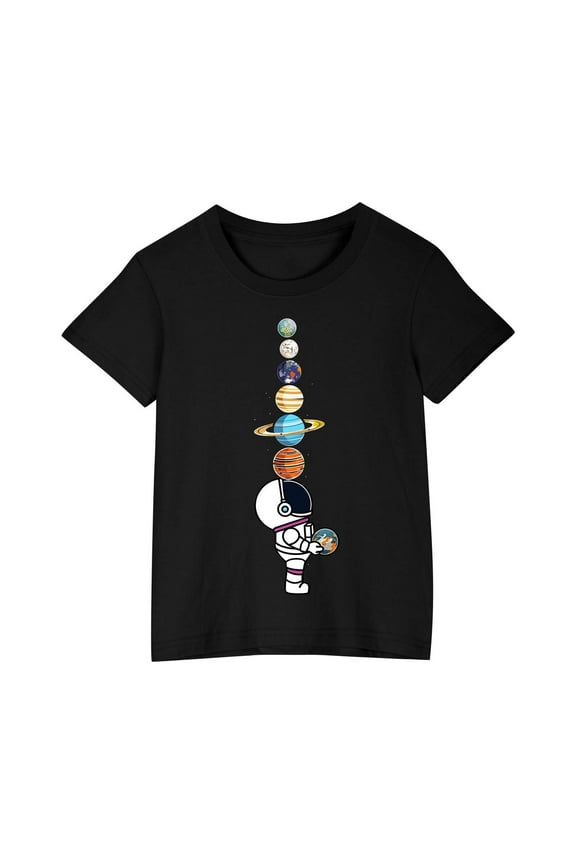 Kids Short Sleeve T-Shirt Cotton Loose Fit Crewneck Tee Top Astronaut Space Solar System Planets Graphic Printed T-Shirt for Boys Girls Black 5 Years