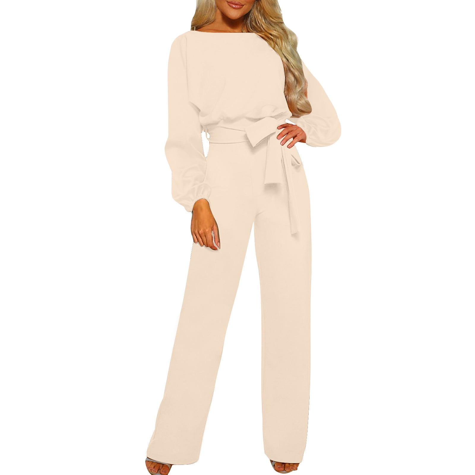 mgdxox Women's Jumpsuit Long Sleeve Loose Wide Leg Belted