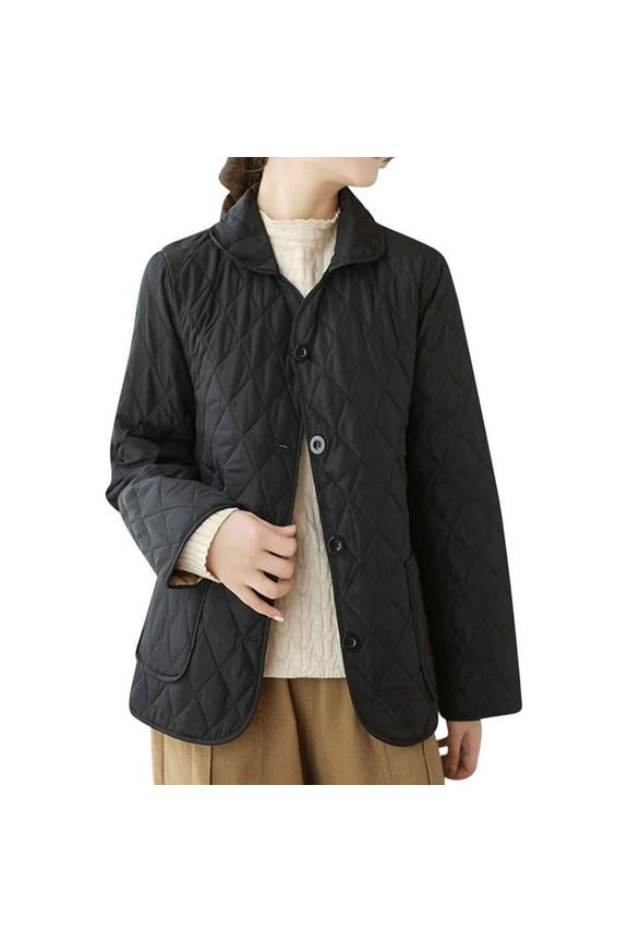 Women's Solid Short Lightweight Warm Down Coat Lapel Diamond Quilted Jacket Full Zipper Long Sleeve Outerwear with Pockets Black L