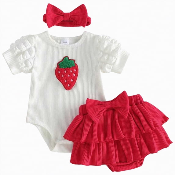 mgoYE 0-3 Months Baby Girl Clothes Baby Girl Clothes Strawberry Short Sleeve Ribbed Knit Romper Tops + Tutu Skirt Shorts + Cute Headband 3pcs Set(Red,6-12 Months)