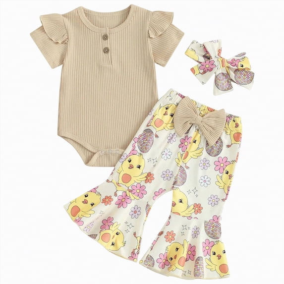 mgoYE 0-3 Months Baby Girl Clothes Easter Outfits for Baby Girls Toddler Baby Short Sleeve Shirts Flared Pants Headband Set 3pcs Easter Summer Clothes(Beige,3-6 Months)