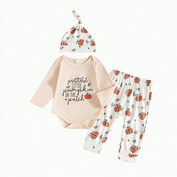 mgoYE 0-6 Months Boys Halloween Outfits My First Halloween Baby Boy Outfit Long Sleeve Pumpkin Romper Pants Set with Beanie Hat Newborn Boy Fall Clothes(White,0-3 Months)