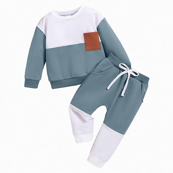 mgoYE 12-18 Month Boy Clothes Fall Winter Outfit Patchwork Long Sleeve Sweatshirt Tops Stretch Pants Set Sweatshirt Pants Set|Blue 6-9 Months