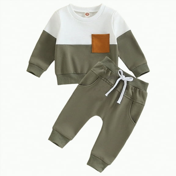 mgoYE 12-18 Month Boy Clothes Fall Winter Outfit Patchwork Long Sleeve Sweatshirt Tops Stretch Pants Set Sweatshirt Pants Set|Brown 12-18 Months