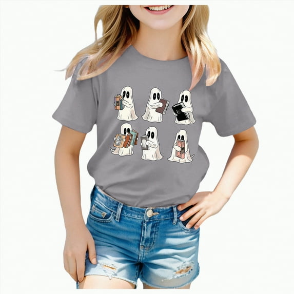 mgoYE 18-24 Months Girl Clothing Baby Girls Cotton Halloween T-Shirt Ghost Print Short Sleeve Tops Toddler Baby Tees Outfits|Grey 3-4 Years
