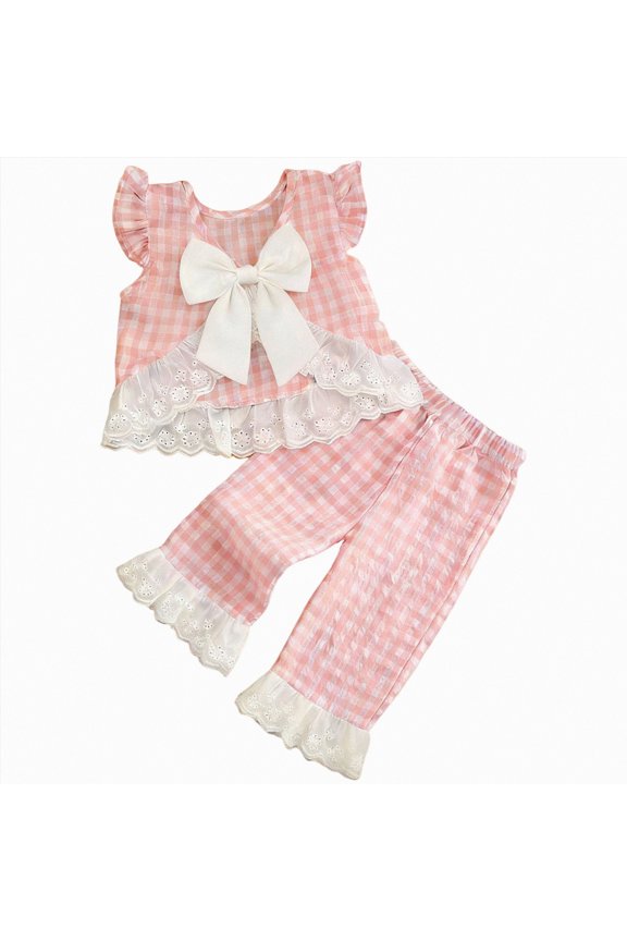 18 Months Girl Clothes Toddler Girls Spring Outfit Peter Pan Collar Sleeveless Plaid Vest Tops Elastic Waist Pants Set Kids Summer Clothes(Pink,2-3 Years)