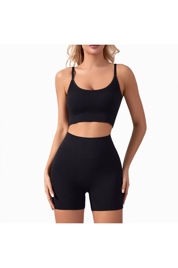 2 Piece Short Sets for Women Workout Sets Hidden Scrunch Lifting Biker Shorts Square Neck Tank Tops Nylon,Spandex|1.Black M