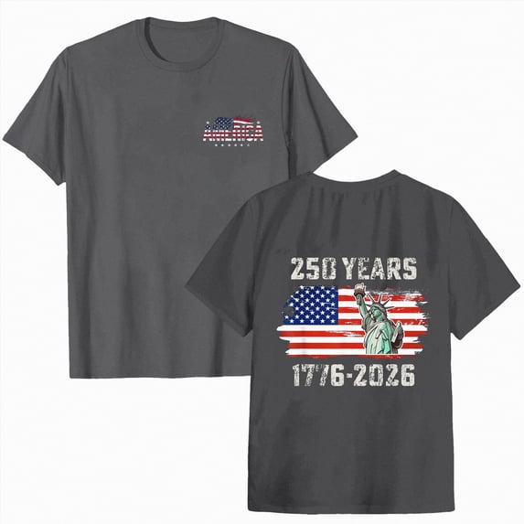 mgoYE 250 Anniversary USA Shirts Women Patriotic T-Shirts USA Flag Print Tee Front Back Embroidered Short Sleeve Shirt Women Tops 1776 2026 Dark Gray 2XL