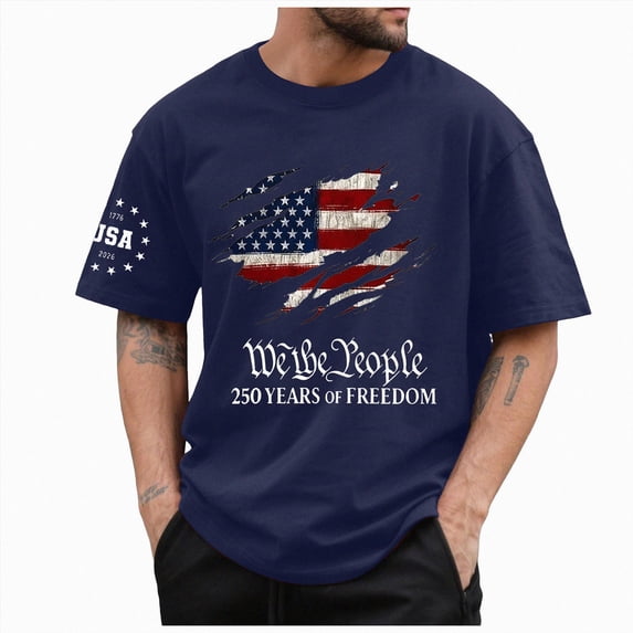 mgoYE 250 Shirt Independence Day Short Sleeve Graphic T-Shirt 4th of July Tee Tops Men's Tshirts(Dark Blue,S)