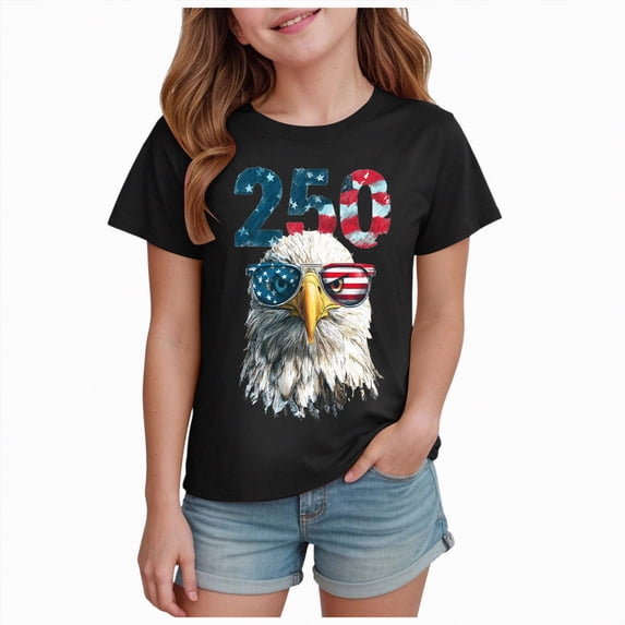 mgoYE 250 Years 1776-2026 250th Birthday Eagle T-Shirt for Celebrate 250th Anniversary of America Patriotic Tee 250 Short-Sleeved Top for Girls Boys 250th Anniversary Flag Tee(Black,3-4 Years)