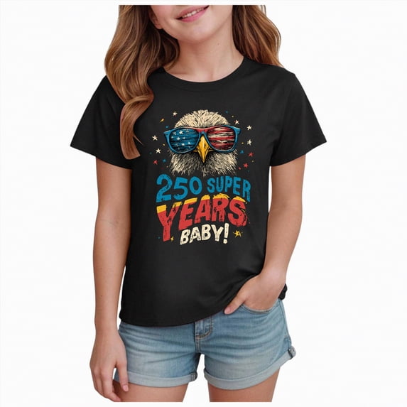 mgoYE 250 Years 1776-2026 250th Birthday Eagle T-Shirt for Celebrate 250th Anniversary of America Patriotic Tee 250 Short-Sleeved Top for Girls Boys 250th Anniversary USA Flag Shirt(Black,7-8 Years)