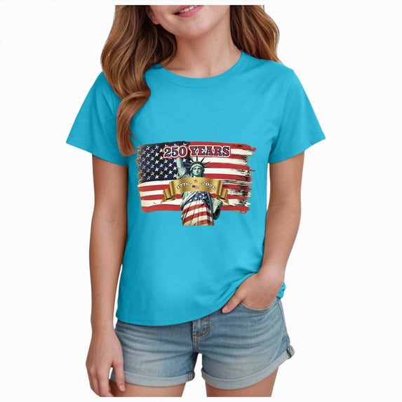 mgoYE 250 Years America Shirt Kids Toddler Boys Girls 4th of July T-Shirt American Flag Shirts Sky Blue 3-4 Years