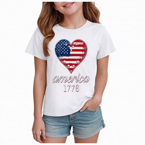 mgoYE 250th American Anniversary Gifts for Boys Girls USA 250th Birthday Celebration Top, Girls Boys’s 4th of July Patriotic Short Sleeve Shirt(White,5-6 Years)
