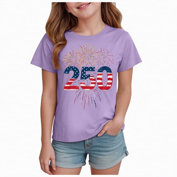 mgoYE 250th American Anniversary Girls Tee 4th of July Shirt Girls Boys 250 Years American Anniversary Shirt(Purple,5-6 Years)