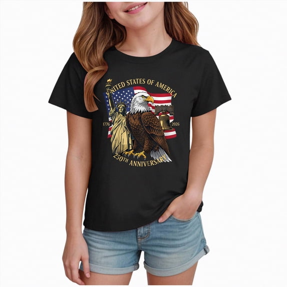 mgoYE 250th Anniversary Flag Tee Boys Girls Boy's 250 Years America Anniversary 250th Independence Day Vintage O-Neck T-Shirt(Black,7-8 Years)