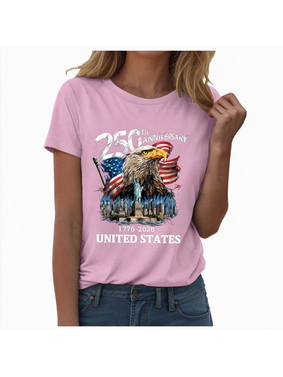 250th Anniversary Shirt Women 4th of July Eagle T-Shirt 1776-2026 250 Years Patriotic Shirts American Flag Tee(Pink,L)