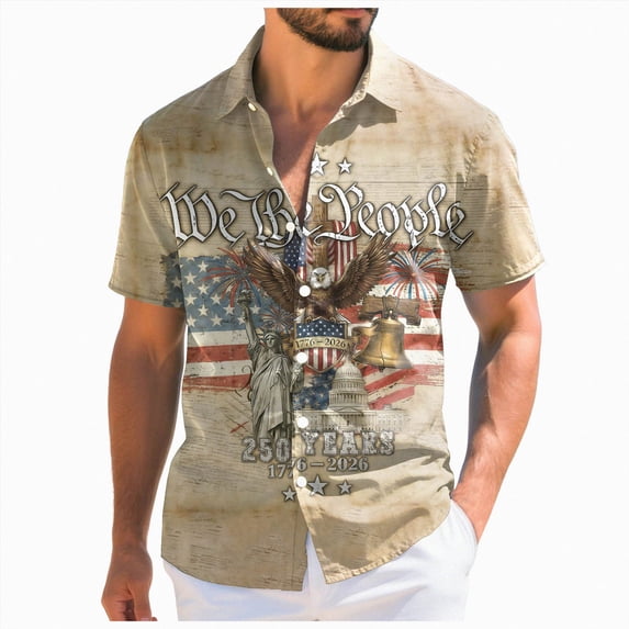 mgoYE 250th Anniversary USA Button Shirt Men Men USA Patriotic T Button Shirt 250th Anniversary USA Tshirt 4th of July Button Shirt American Flag Tee Tops(Khaki,4XL)