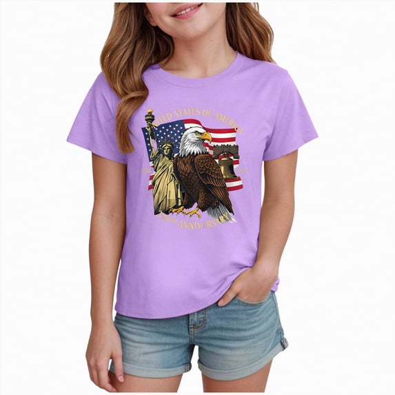 mgoYE 250th Anniversary USA Clothing Girls Girls Boys American Flag 250th Anniversary Commemorative Tee, Crew Neck Loose Fit Daily Tee(Purple,1-2 Years)