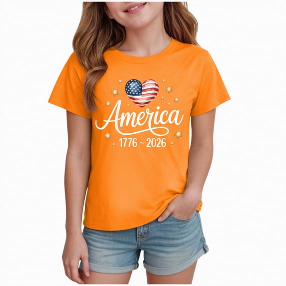 mgoYE 250th Anniversary USA Flag Shirt Girls Girls Boy's American 250th Anniversary Printed Casual Sweatshirt 250 Years 1776–2026 Patriotic Shirt(Orange,7-8 Years)