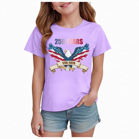 mgoYE 250th Anniversary USA Flag Shirt Girls Girls Boys American Flag 250th Anniversary Commemorative Tee, Crew Neck Loose Fit Daily Tee(Purple,11-12 Years)