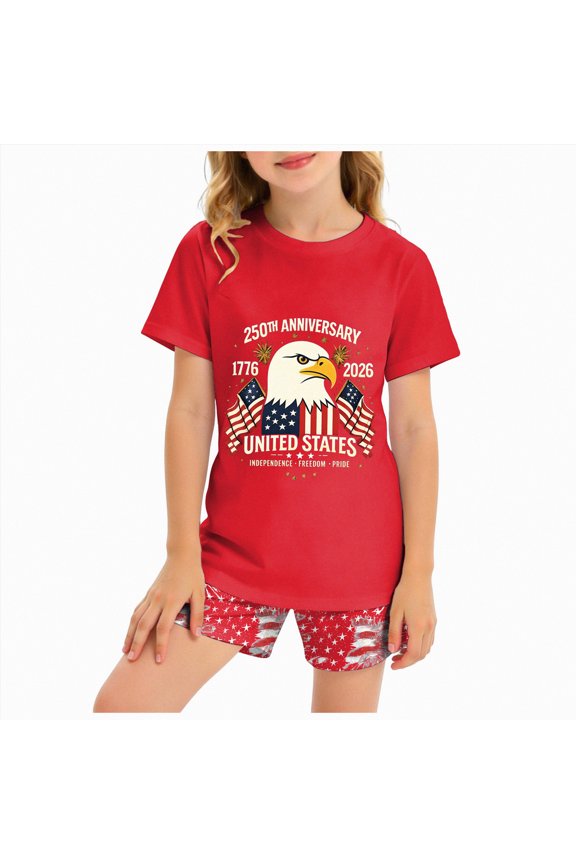 250th Anniversary USA Outfit Set Crew Neck Girls Boys USA Patriotic Shorts Set 250th Anniversary USA Shorts Set 4th of July Outfit Set American Flag Outfit Set Shorts Set(Red,6-7 Years)