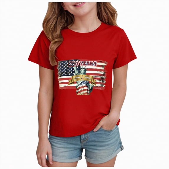 mgoYE 250th Anniversary USA Shirt Crew Neck 4th of July Shirt Girls Boys 250 Years American Anniversary Shirt American Flag Stars Fireworks Graphic Tee Tops(Red,5-6 Years)