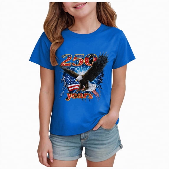 mgoYE 250th Anniversary USA Shirts Gifts for Girls USA 250th Birthday Celebration Top, Girls Boys’s 4th of July Patriotic Short Sleeve Shirt(Blue,9-10 Years)