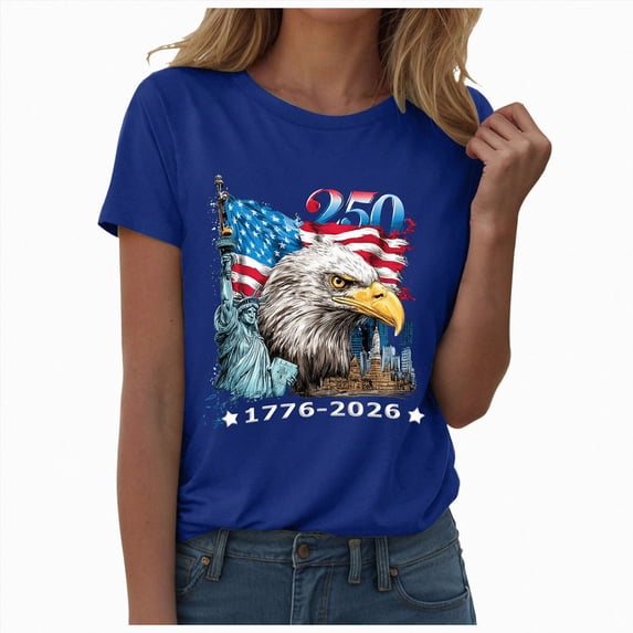 mgoYE 250th Anniversary USA Shirts V-Neck American Flag T-Shirt Short Sleeve Patriotic Tops Summer Fashion Women's T-Shirt(Blue,2XL)