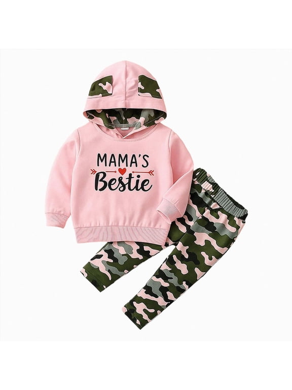 2Pcs Baby Girls Fall Winter Clothes Mamas Bestie Hoodie Sweatshirt Tops & Camo Pants Outfits Clothing Sets