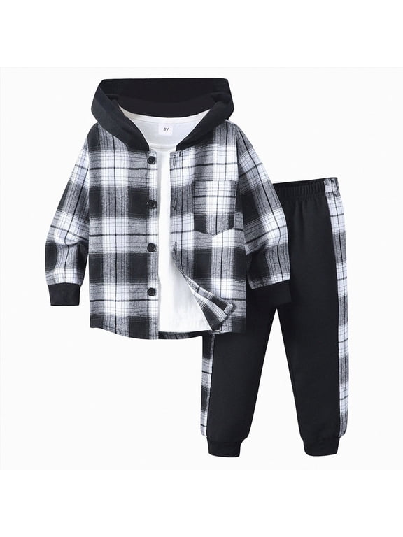 2Pcs Kids Boys Plaid Hooded Tops Pants Set,Cotton Fall Winter Spring Outfits 3-7 Years,4 Years