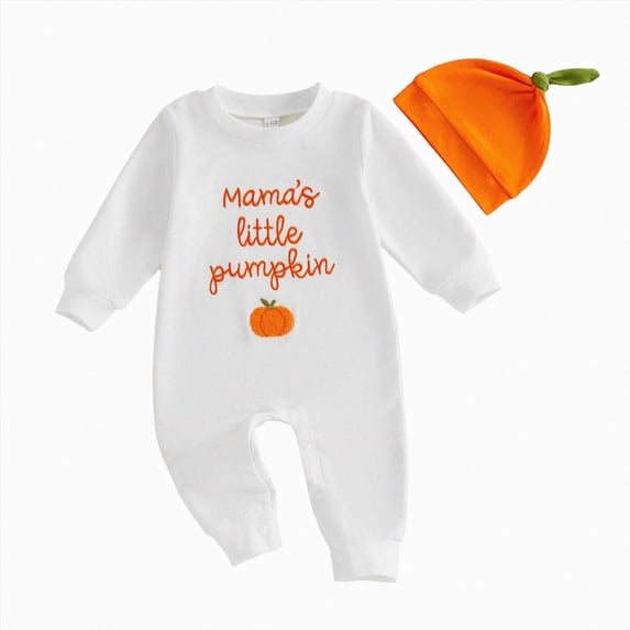 mgoYE 2Pcs Neutral Outfits Newborn Baby Boy Girl Mama's Little Pumpkin Romper Jumpsuit My 1st Halloween Clothes with Hat