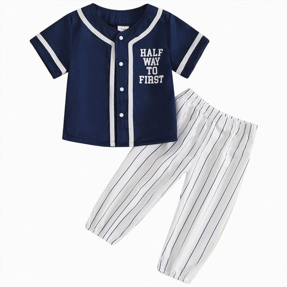 mgoYE 2Pcs Toddler Baby Boy Summer Baseball Outfit Set 6-12 Months Short Sleeve Baseball Button T-Shirt Top and Striped Pants Clothes Blue