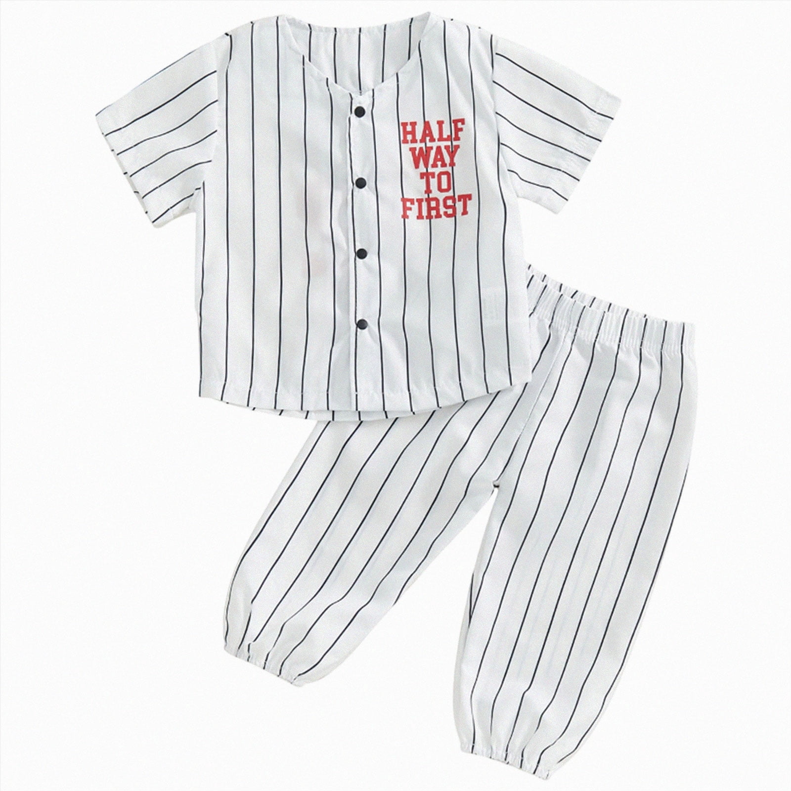 mgoYE 2Pcs Toddler Baby Boy Summer Baseball Outfit Set 6-12 Months Short Sleeve Baseball Button T-Shirt Top and Striped Pants Clothes White