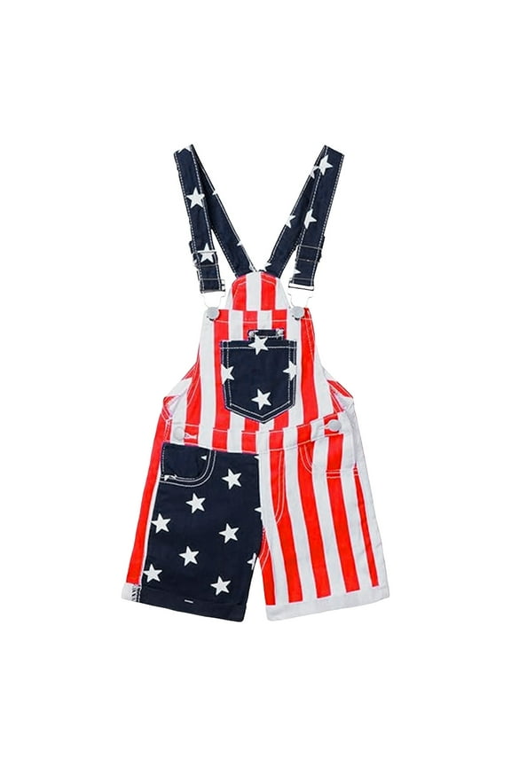 2t 4th July Clothes Kids 4th of July Outfit Boy American Flag Overall Girl Stretch Denim Jumpsuit USA Shorts with Zipper Fly(Red,5-6 Years)