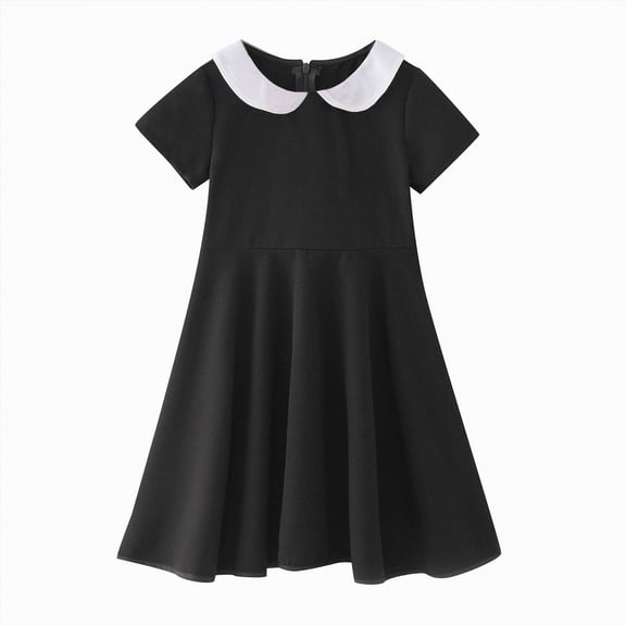 mgoYE 2t Girl Dress Easter Girl's Peter Pan Collar Dress Short Sleeve Casual Flare Skater Dresses(Black,3-4 Years)