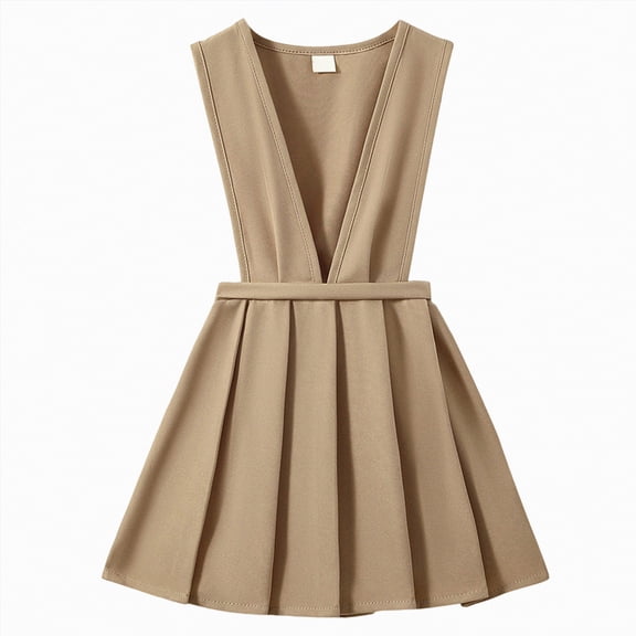 mgoYE 2t Girl Dress Easter Girls' School Uniform Dress V-Neck Jumper Dress Pull-on Skirt Stretchy Flared Overall Dress(Khaki,6-7 Years)